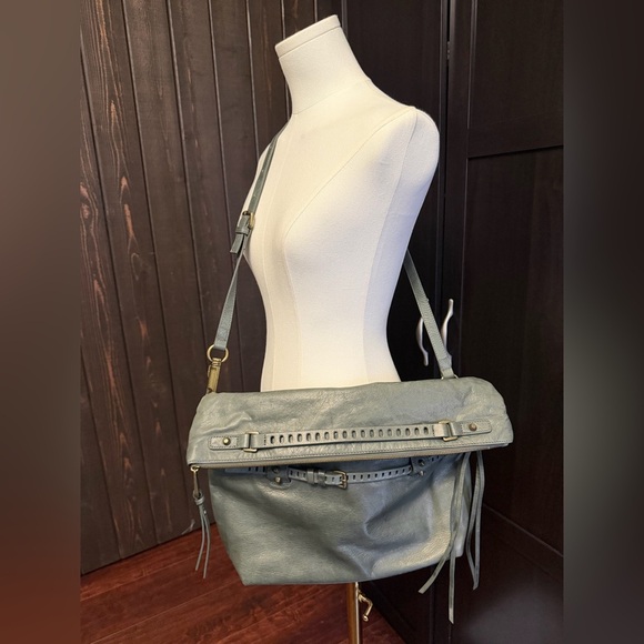 JOELLE HAWKENS Vntg Green Leather Bag Satchel Purse Studded Tassel Zips Hobo - Picture 6 of 11